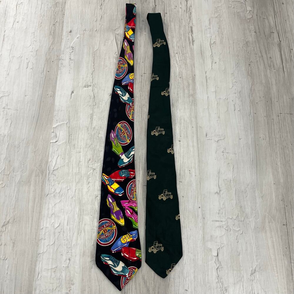 Classic Car & Shoe Polish Vintage Silk Ties Set of 2 Retro Novelty Gift Neckties